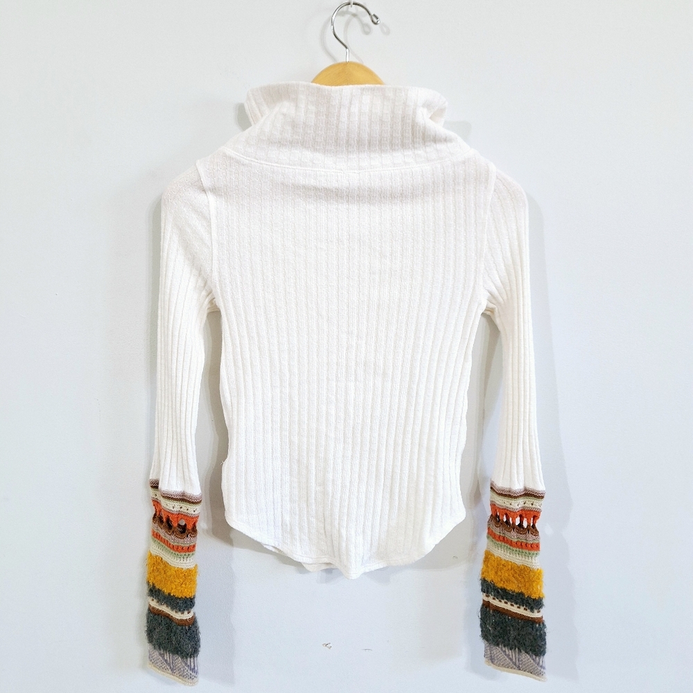 Free People Mixed Up Cuff Ivory Ribbed Turtleneck Sweater XS Boho - Picture 7 of 7